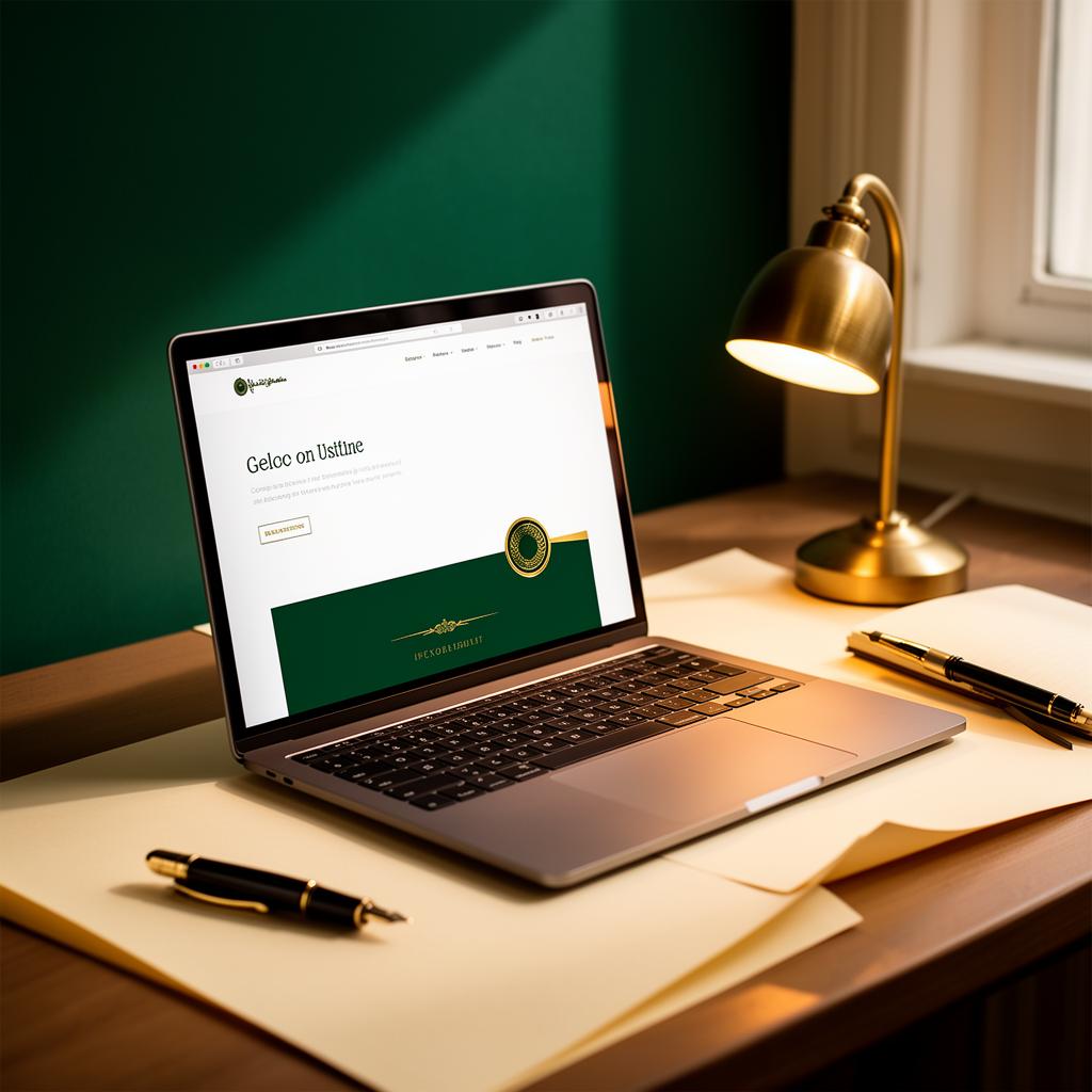 Elegant workspace showing a Spark Studio website on a laptop with warm light and a brass lamp