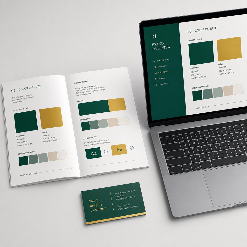 Brand style guide open to emerald and gold color swatches beside a laptop showing the same guidelines page and a business card
