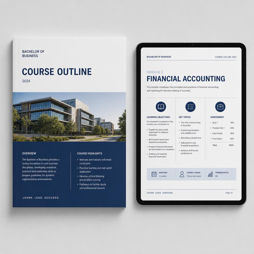 Printed course outline booklet beside a tablet showing the same module page with learning objectives and assessment breakdown