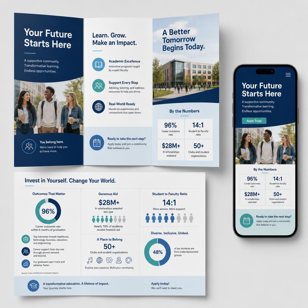 Tri-fold enrollment brochure and statistics infographic beside a phone showing the matching enrollment landing page