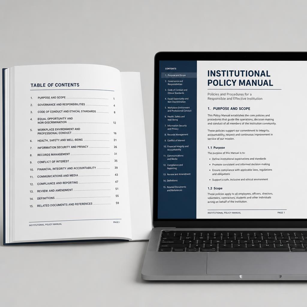 Printed institutional policy manual open to a numbered table of contents beside a laptop showing the same handbook page
