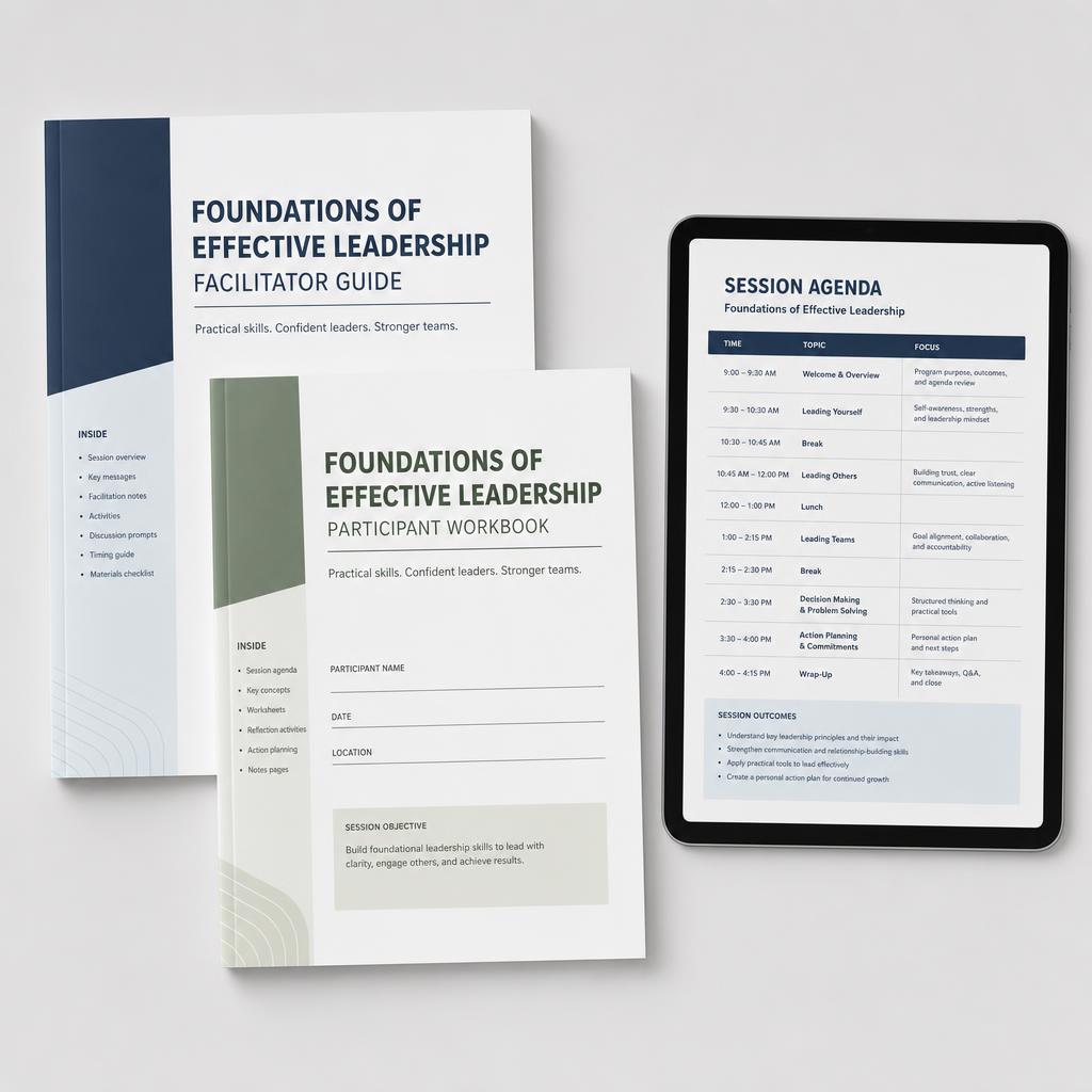 Printed facilitator guide and participant workbook beside a tablet showing the training session agenda